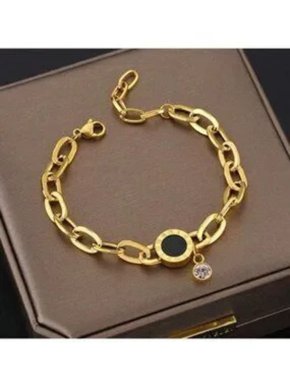 Gold Plated Stainless Steel Chain Bracelet with Black Accent & Roman Numeral